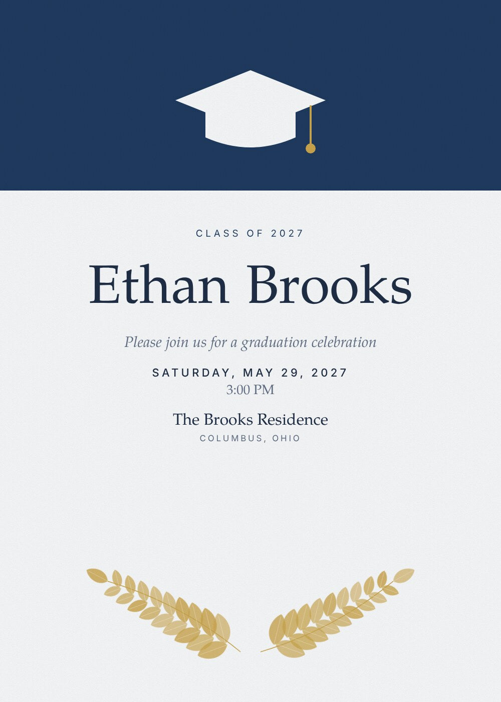 Cap & Laurel graduation party invitation card with mortarboard and gold laurels