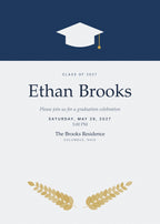 Cap & Laurel graduation party invitation card with mortarboard and gold laurels