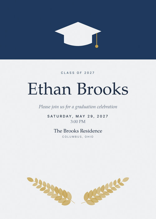 Cap & Laurel graduation party invitation card with mortarboard and gold laurels
