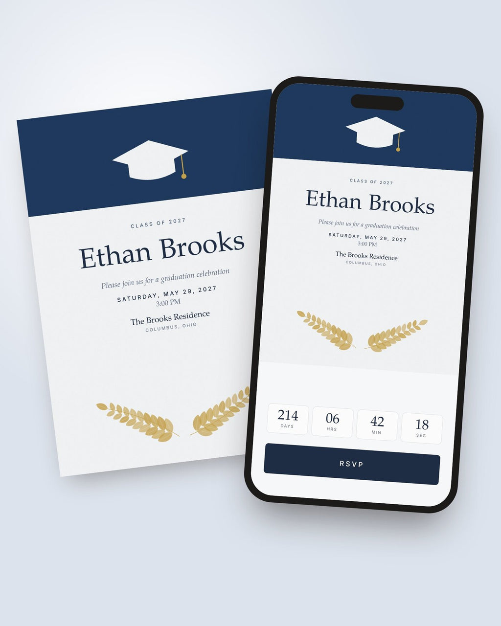 Cap & Laurel graduation invitation shown on a phone with countdown and RSVP button