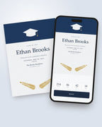 Cap & Laurel graduation invitation shown on a phone with countdown and RSVP button