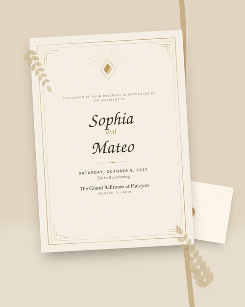 Champagne Toast gold Art Deco wedding invitation, styled flat-lay with envelope