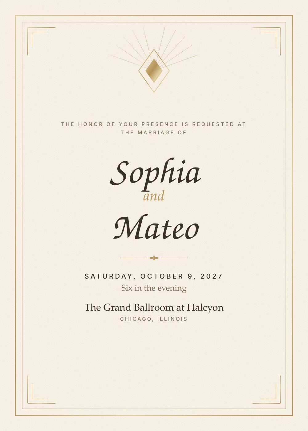 Champagne Toast wedding invitation card with gold double frame and sunburst diamond