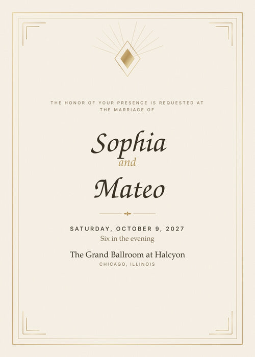 Champagne Toast wedding invitation card with gold double frame and sunburst diamond