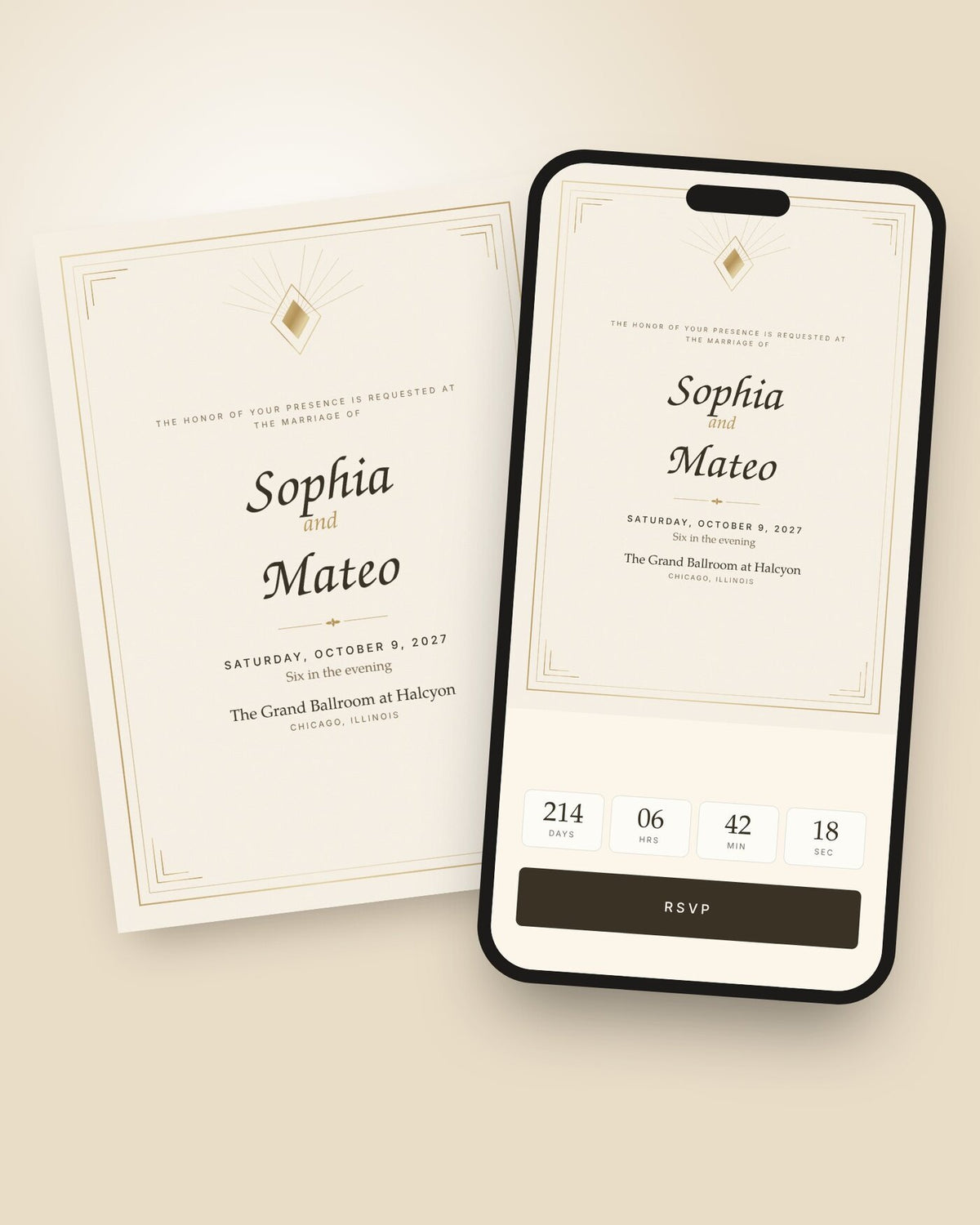 Champagne Toast wedding invitation shown on a phone with countdown and RSVP button