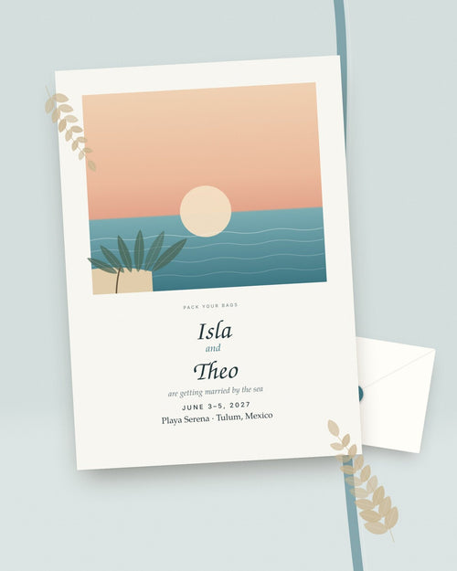 Coastline sunset beach destination wedding invitation, styled flat-lay with envelope