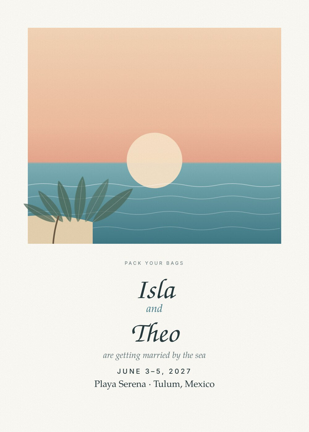 Coastline destination wedding invitation card with illustrated sunset over the sea