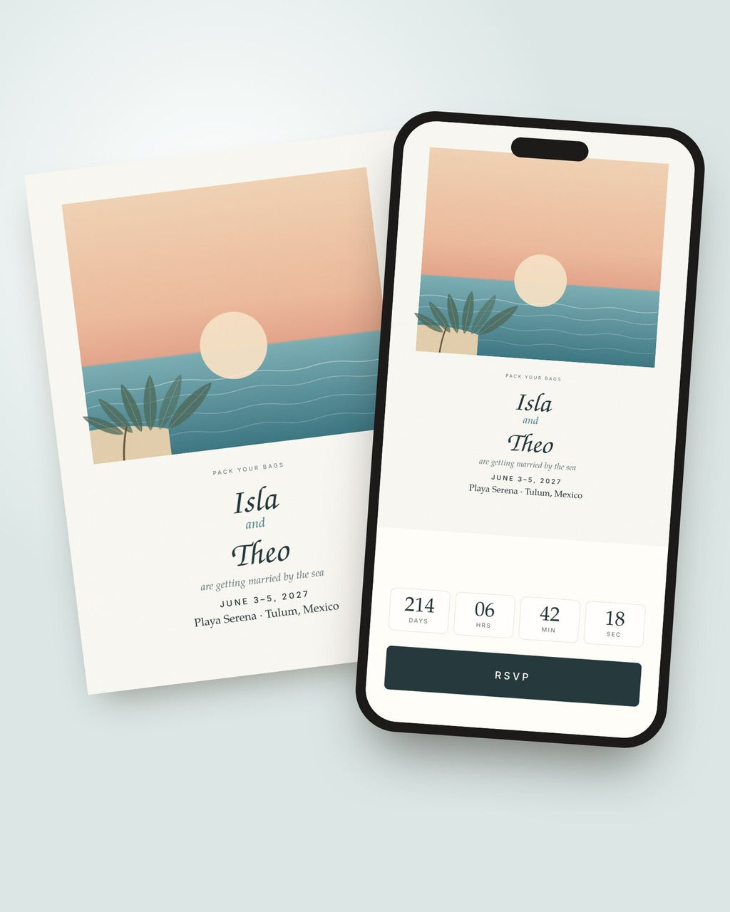 Coastline destination wedding invitation shown on a phone with countdown and RSVP button