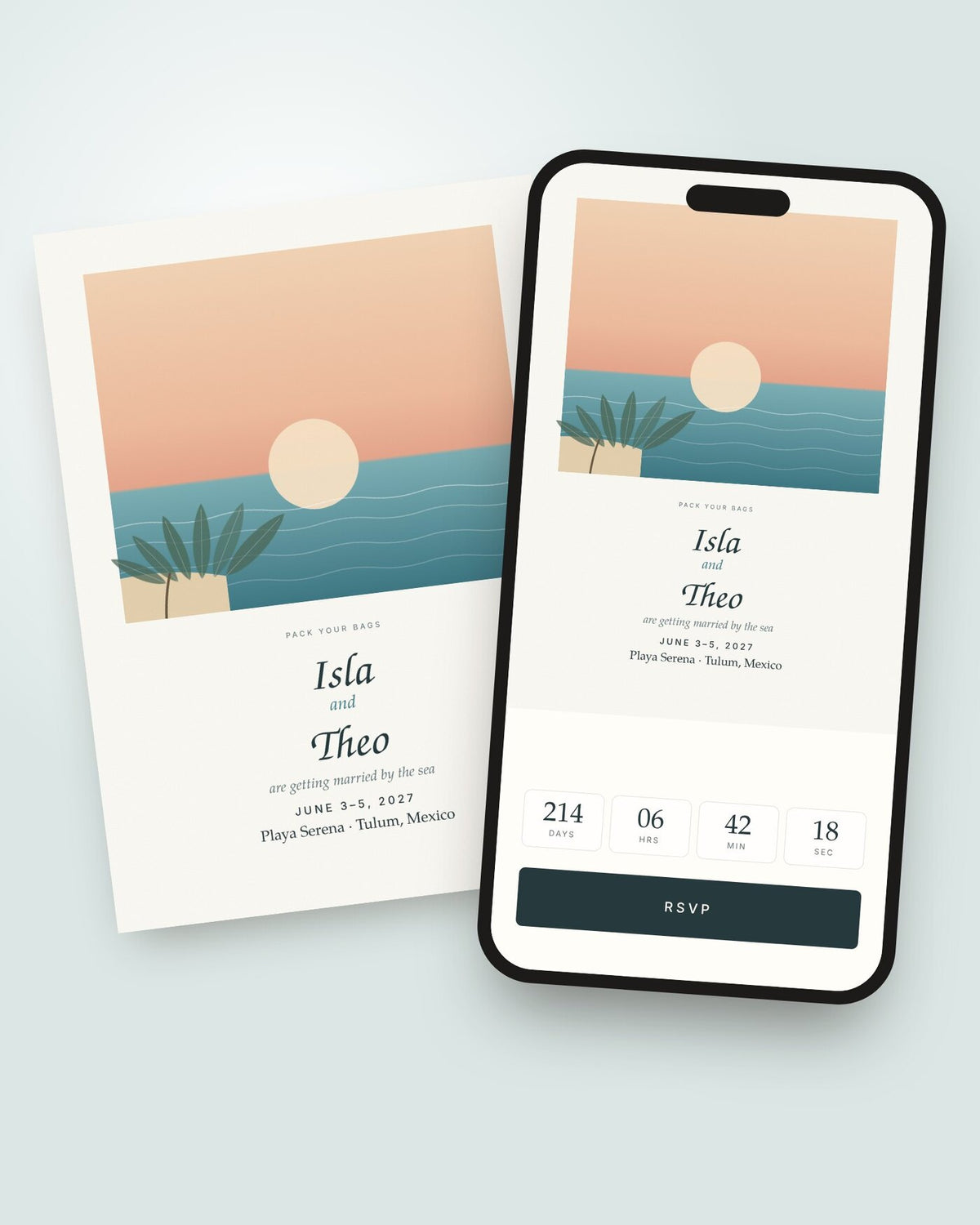 Coastline destination wedding invitation shown on a phone with countdown and RSVP button