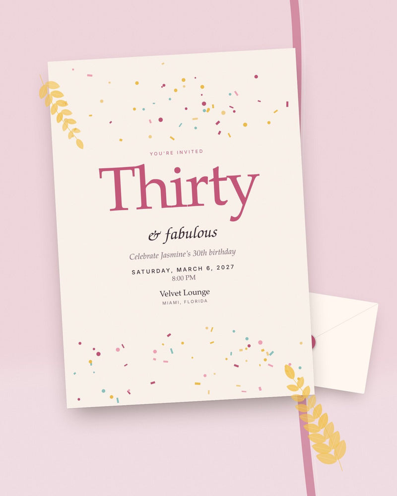 Confetti Hour milestone birthday party invitation, styled flat-lay with envelope