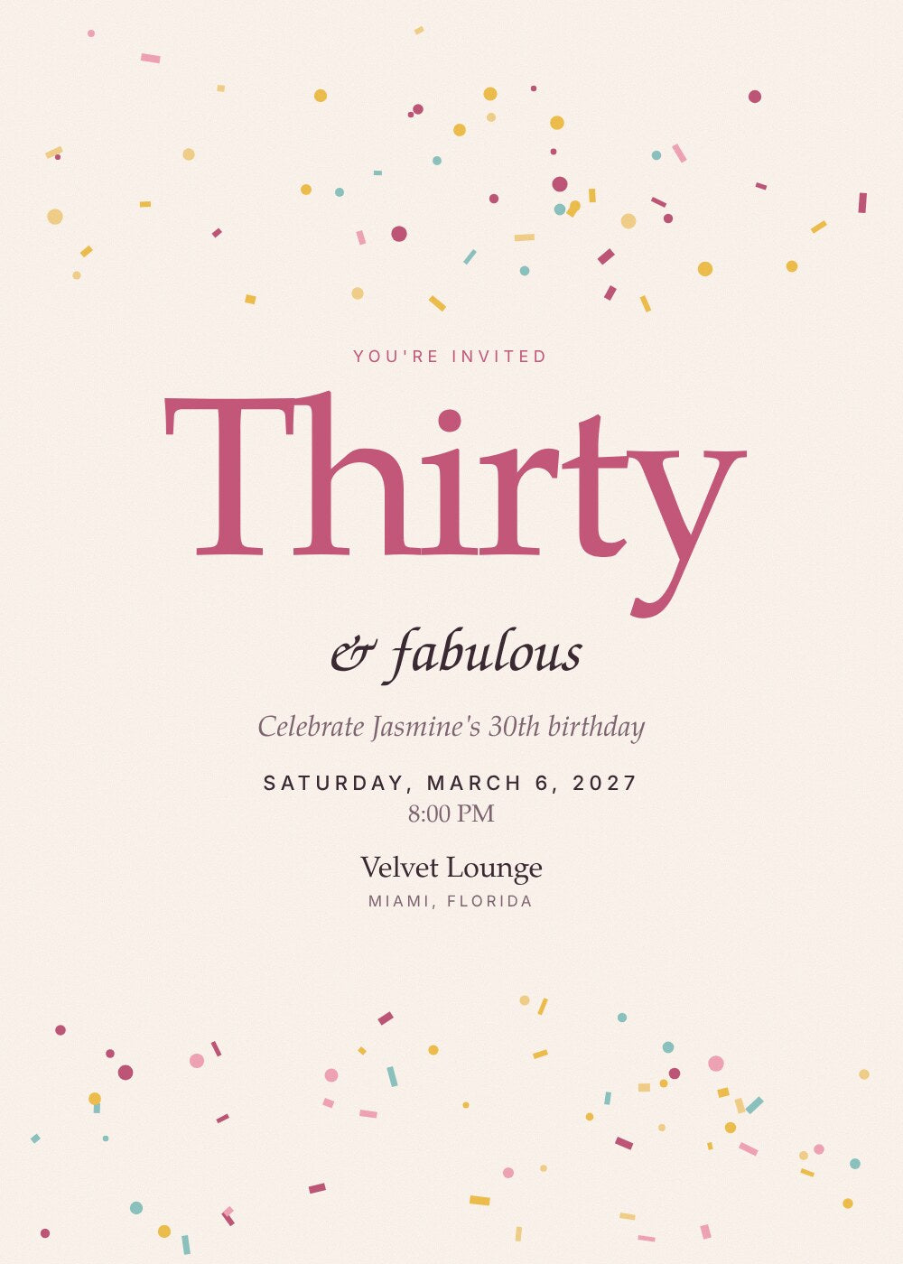 Confetti Hour 30th birthday invitation card with raspberry headline and confetti