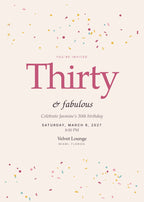 Confetti Hour 30th birthday invitation card with raspberry headline and confetti