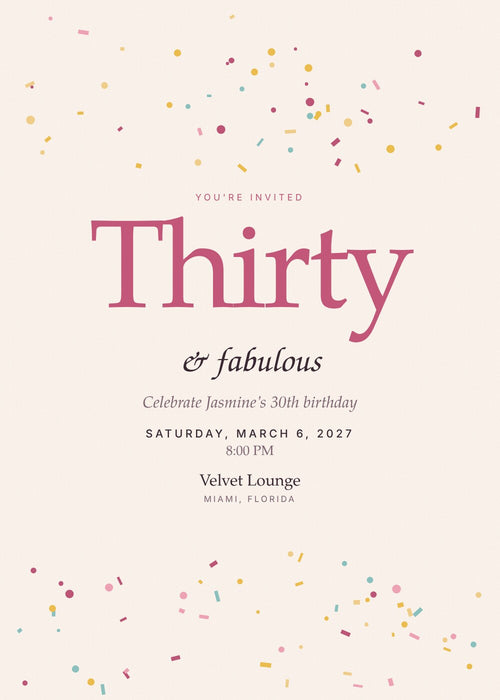 Confetti Hour 30th birthday invitation card with raspberry headline and confetti