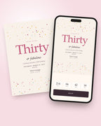 Confetti Hour birthday invitation shown on a phone with countdown and RSVP button