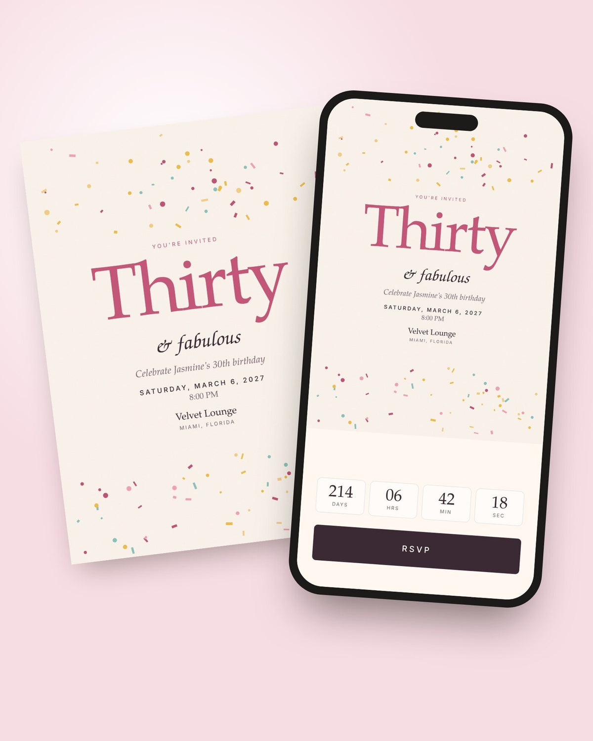 Confetti Hour birthday invitation shown on a phone with countdown and RSVP button