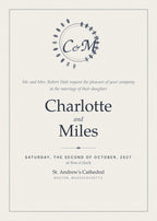 Crest wedding invitation card with laurel monogram and traditional wording