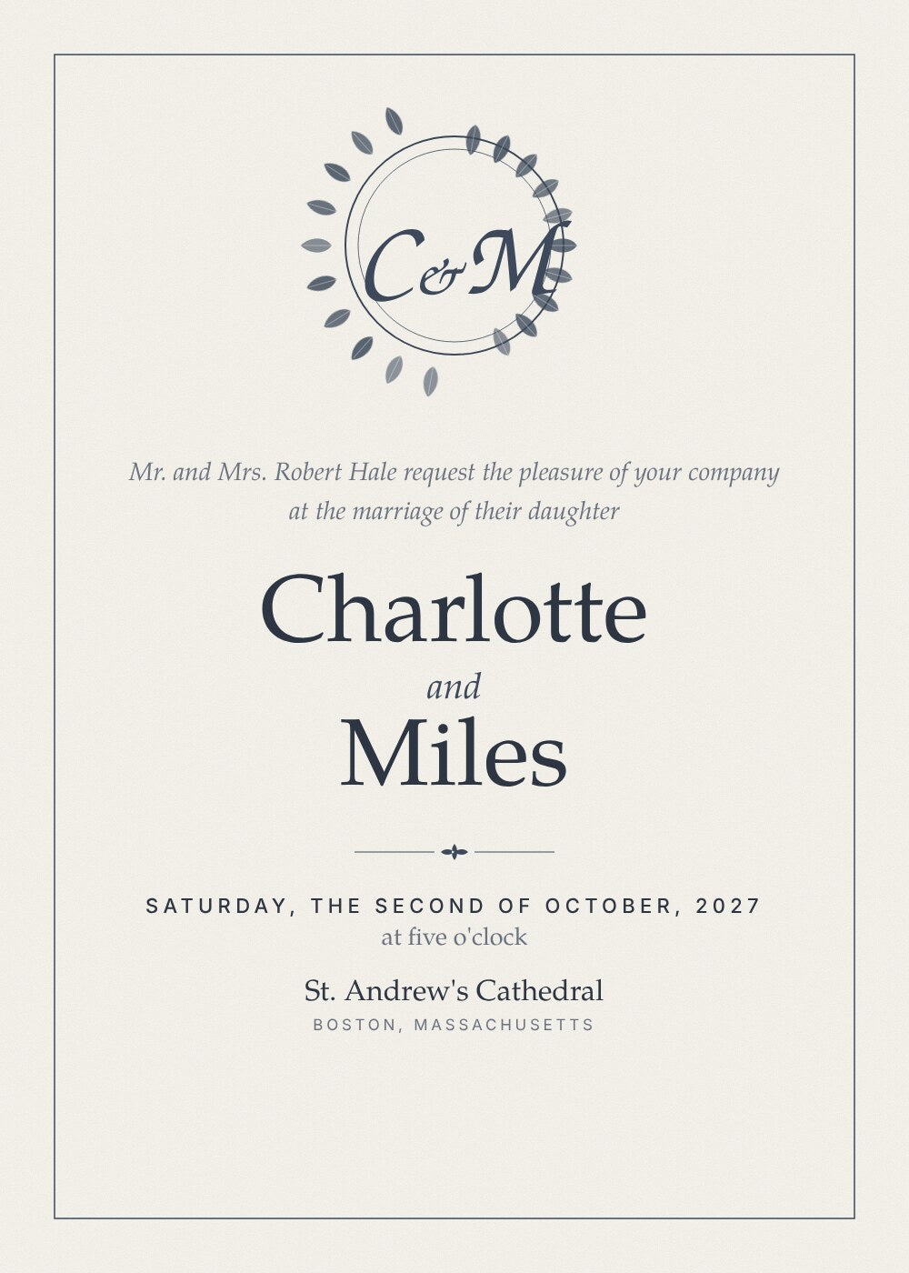 Crest wedding invitation card with laurel monogram and traditional wording