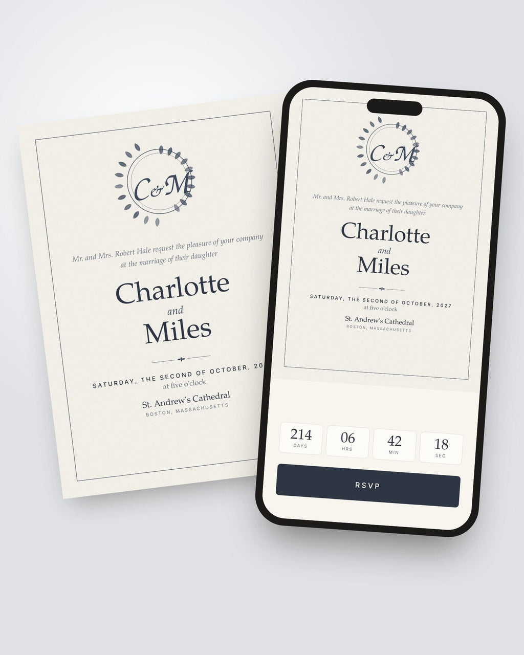 Crest monogram wedding invitation shown on a phone with countdown and RSVP button