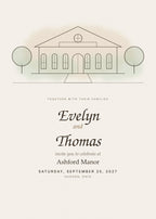 Custom illustrated venue wedding invitation card with line-art manor and watercolor wash