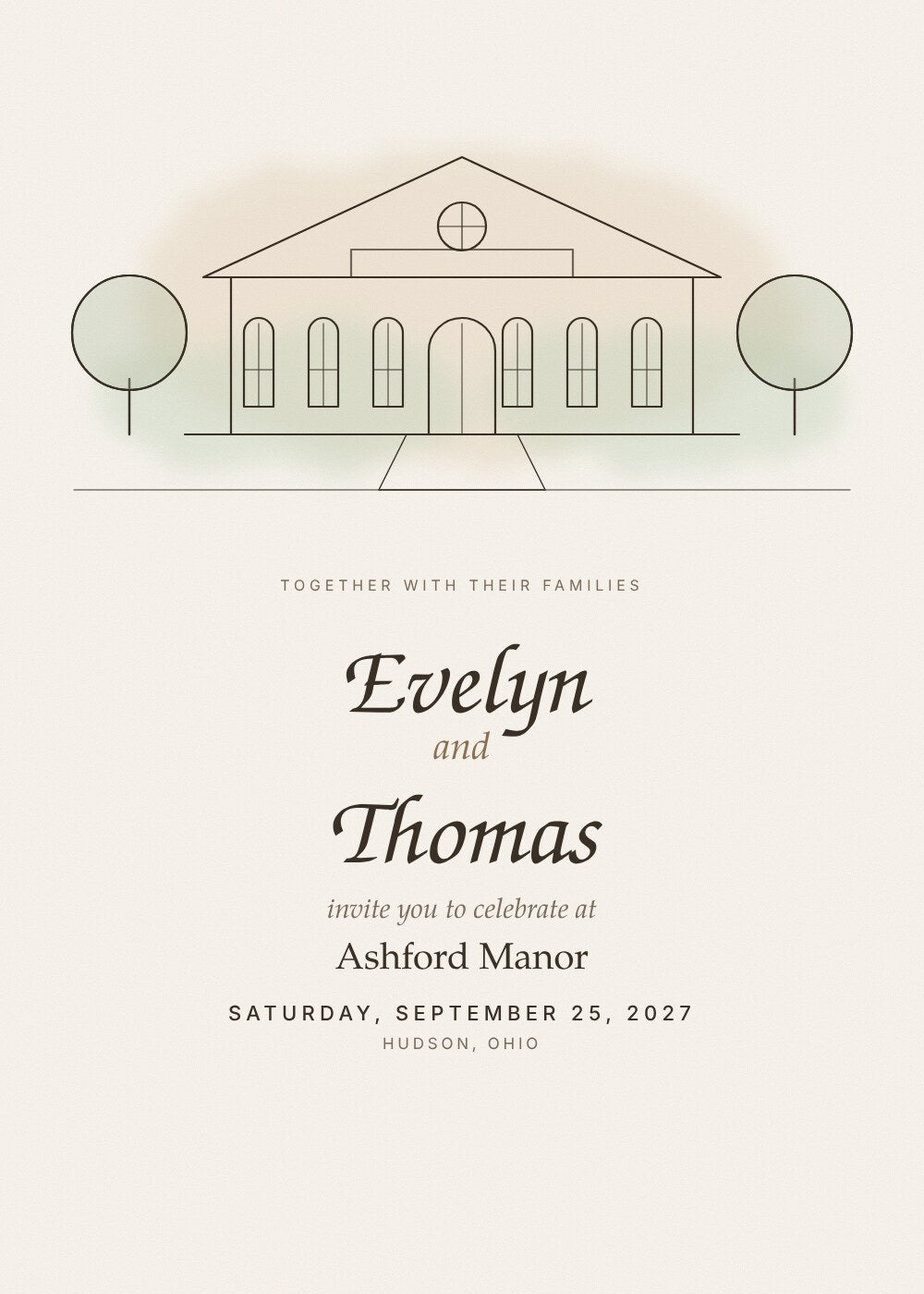 Custom illustrated venue wedding invitation card with line-art manor and watercolor wash