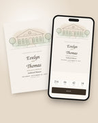 Custom illustrated venue wedding invitation shown on a phone with countdown and RSVP button