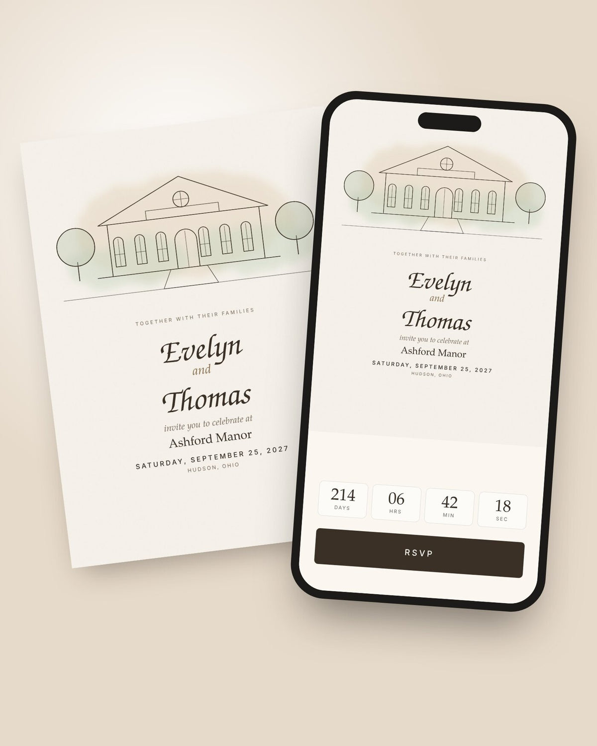 Custom illustrated venue wedding invitation shown on a phone with countdown and RSVP button