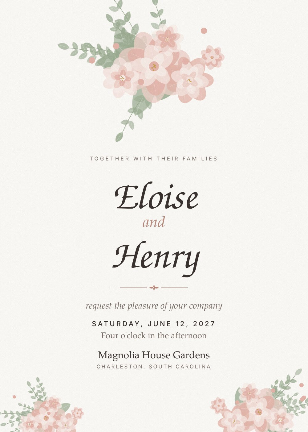 Eloise wedding invitation card with blush garden flowers and script names