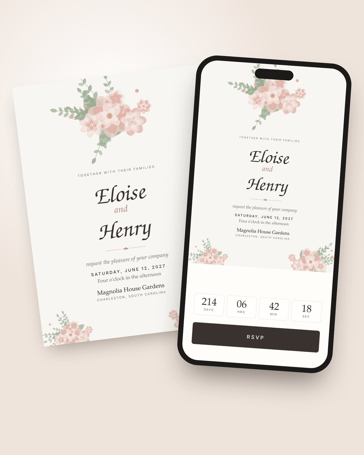 Eloise floral wedding invitation shown on a phone with countdown and RSVP button
