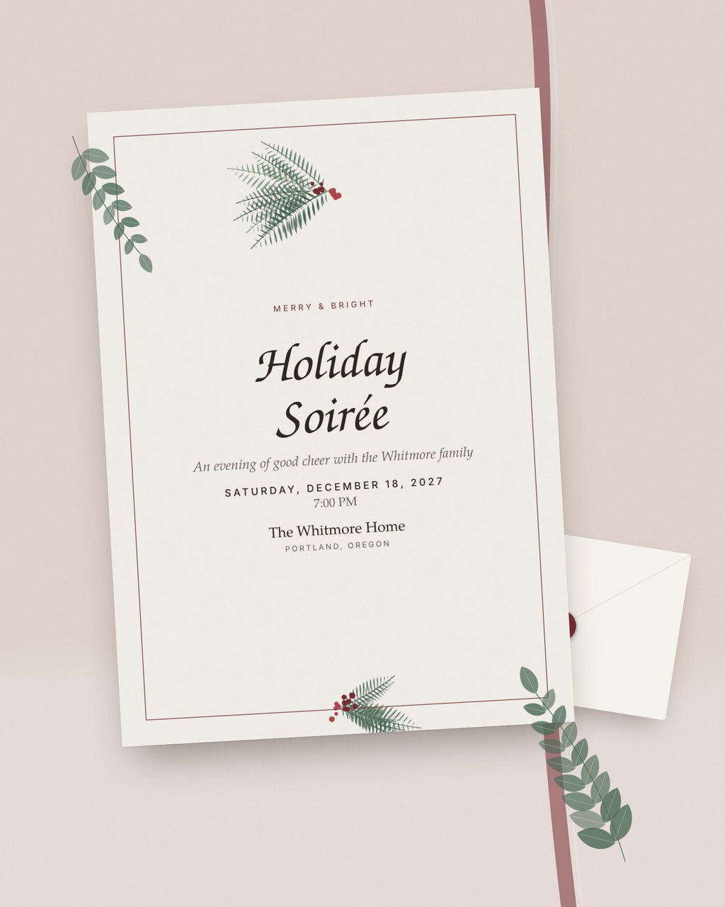 Evergreen Soirée holiday party invitation with fir and winterberries, styled flat-lay