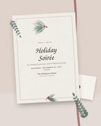Evergreen Soirée holiday party invitation with fir and winterberries, styled flat-lay