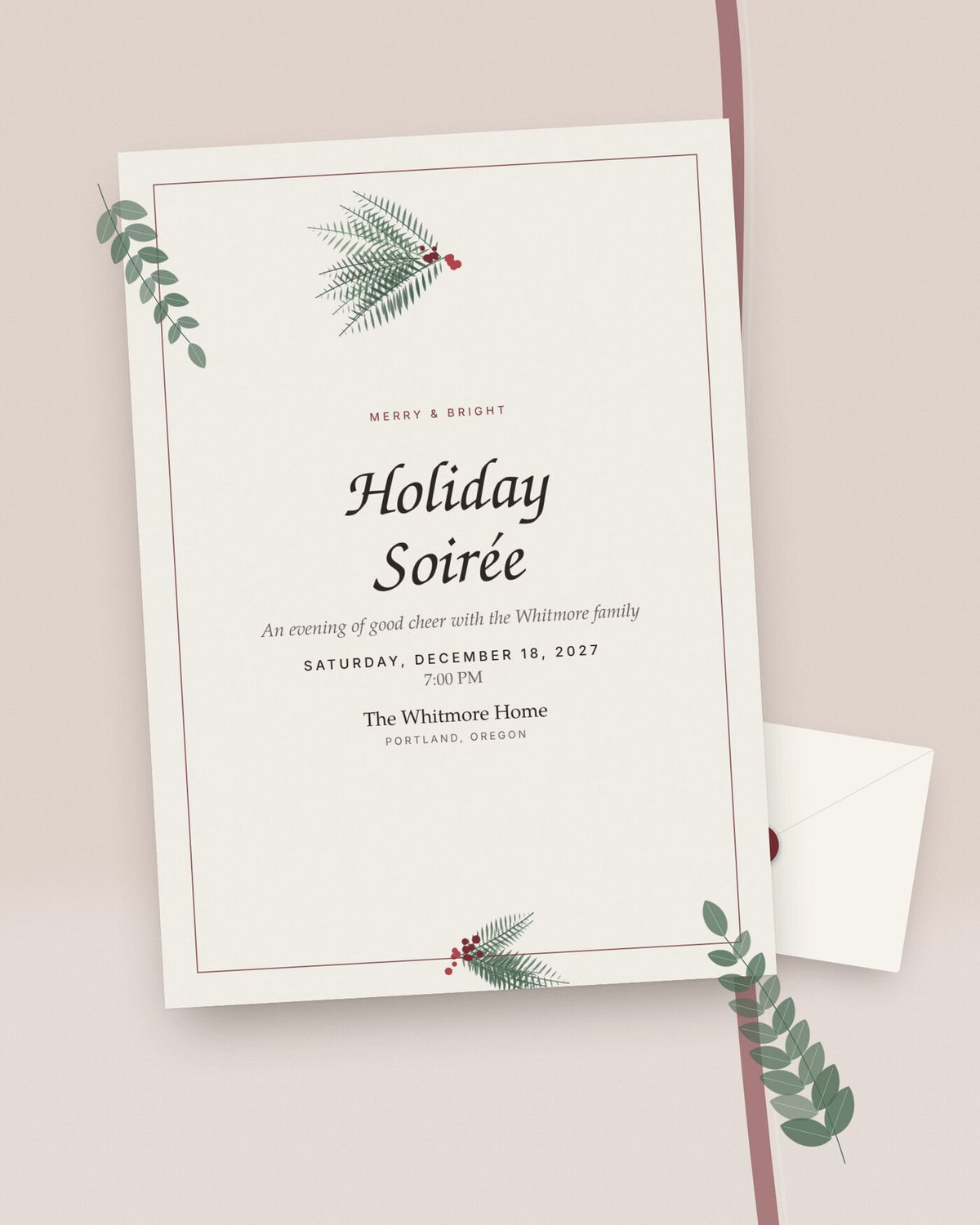 Evergreen Soirée holiday party invitation with fir and winterberries, styled flat-lay