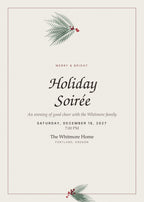 Evergreen Soirée holiday party invitation card with cranberry frame and greenery