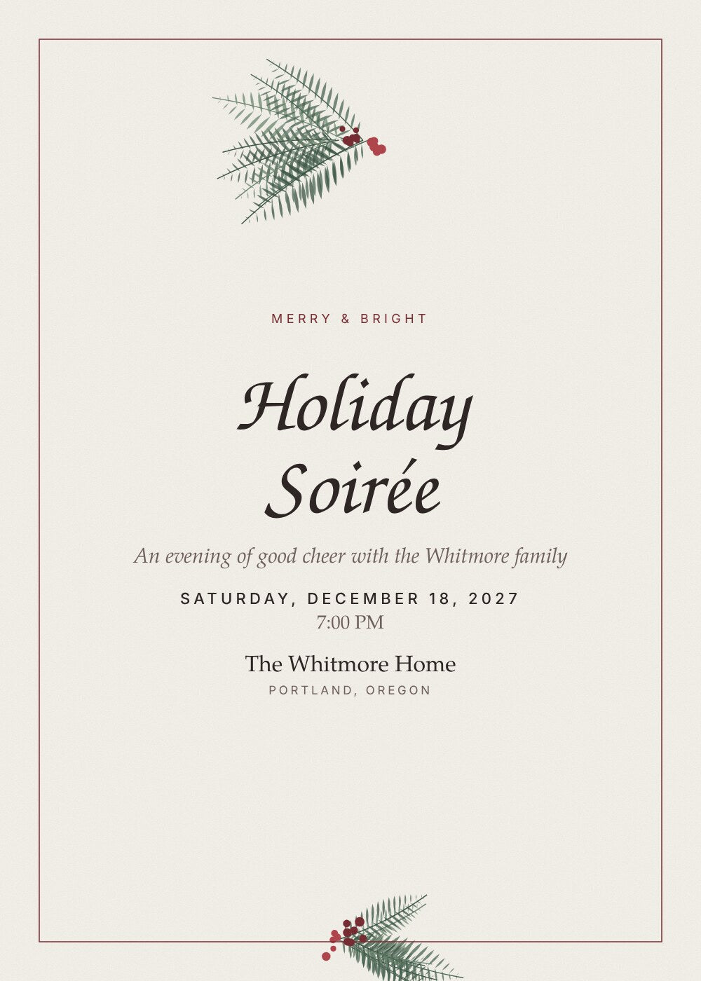 Evergreen Soirée holiday party invitation card with cranberry frame and greenery