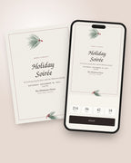 Evergreen Soirée holiday party invitation shown on a phone with countdown and RSVP button