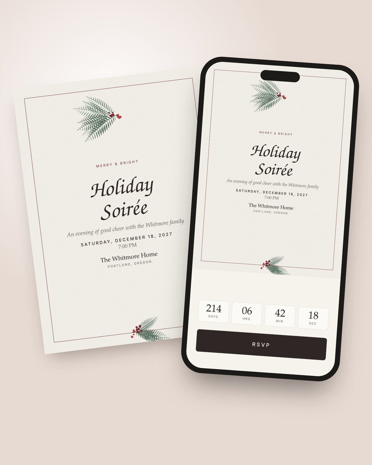 Evergreen Soirée holiday party invitation shown on a phone with countdown and RSVP button