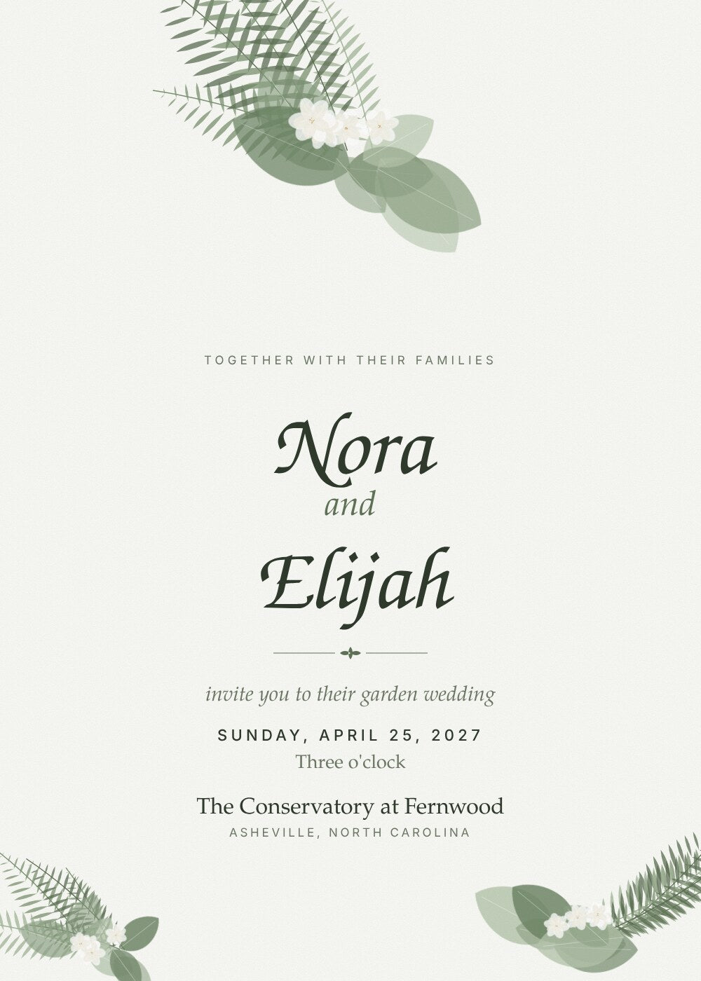 Fernwood wedding invitation card with fern fronds and sage leaves