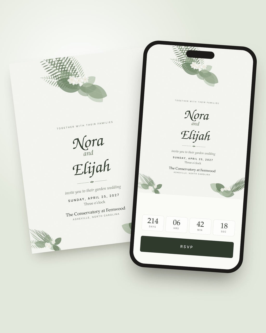 Fernwood botanical wedding invitation shown on a phone with countdown and RSVP button
