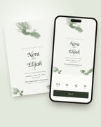 Fernwood botanical wedding invitation shown on a phone with countdown and RSVP button