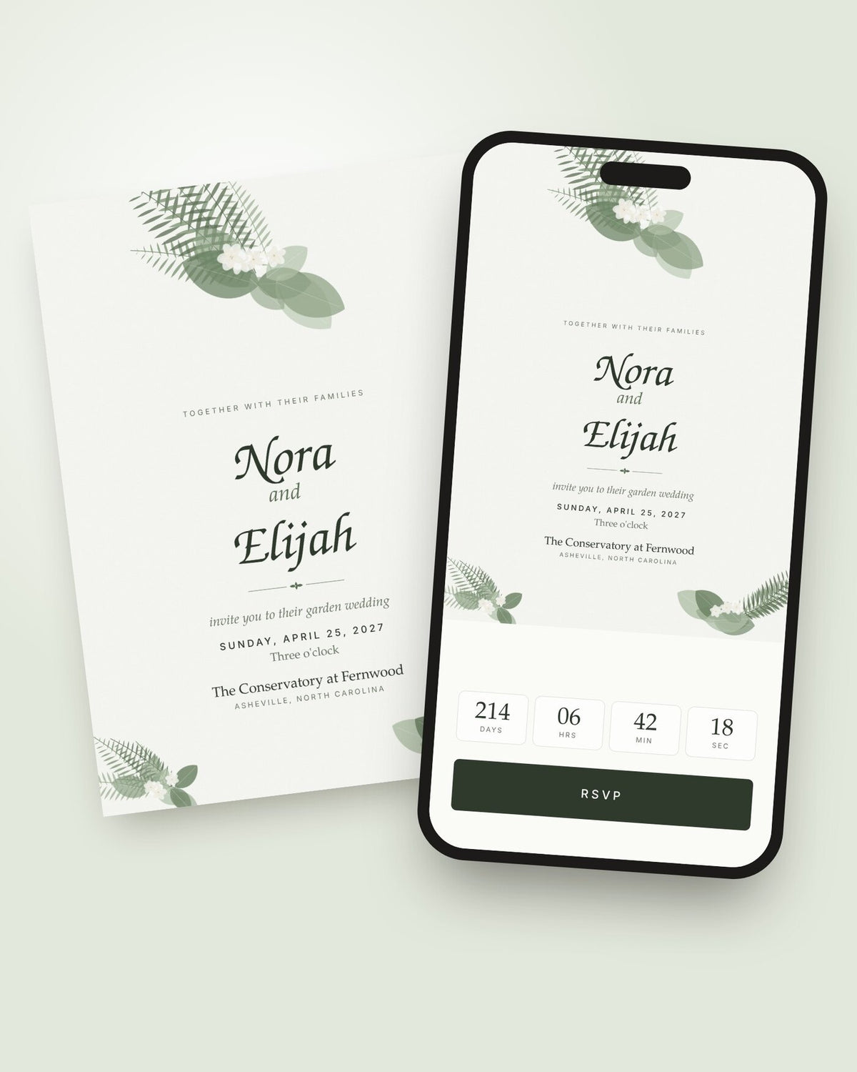 Fernwood botanical wedding invitation shown on a phone with countdown and RSVP button