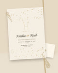 Golden Hour champagne and gold engagement party invitation, styled flat-lay