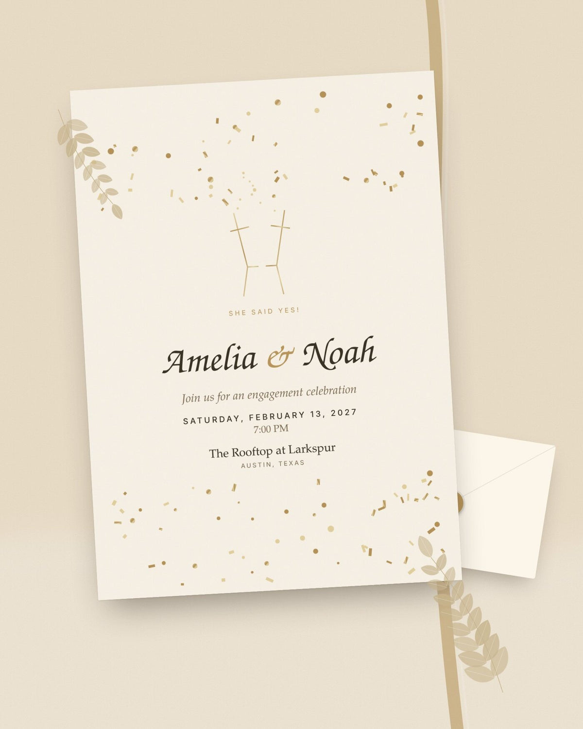 Golden Hour champagne and gold engagement party invitation, styled flat-lay