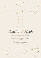 Golden Hour engagement party invitation card with gold flutes and confetti