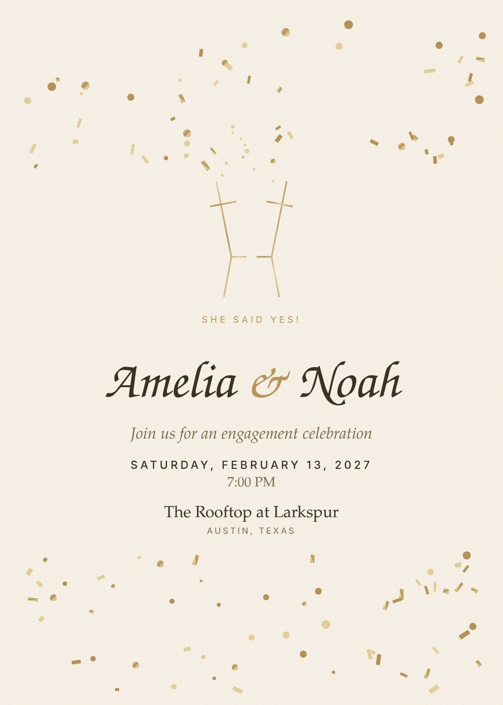 Golden Hour engagement party invitation card with gold flutes and confetti