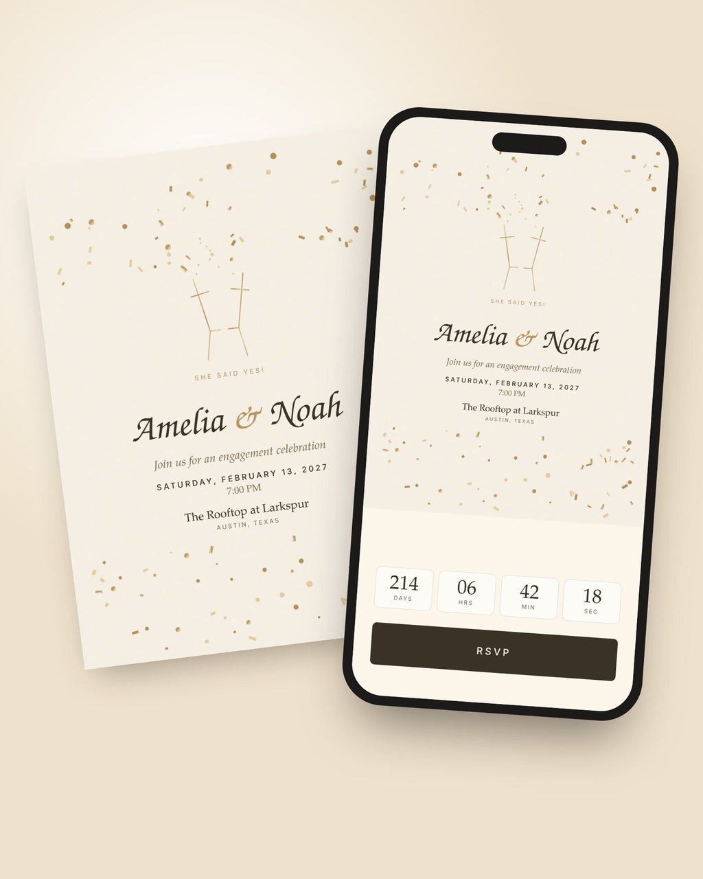 Golden Hour engagement party invitation shown on a phone with countdown and RSVP button