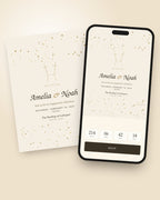 Golden Hour engagement party invitation shown on a phone with countdown and RSVP button