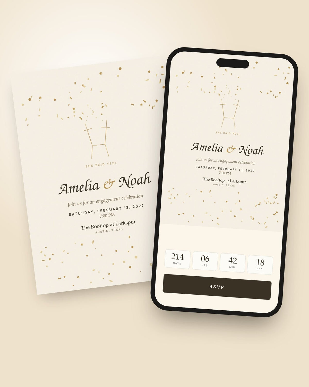 Golden Hour engagement party invitation shown on a phone with countdown and RSVP button
