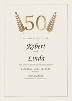 Golden Years anniversary invitation card with gilded 50 and laurel sprigs