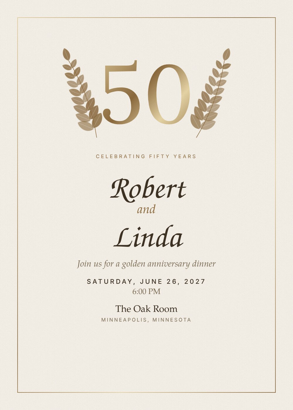 Golden Years anniversary invitation card with gilded 50 and laurel sprigs