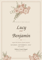 Heirloom wedding invitation card with stitched border and faded terracotta blooms