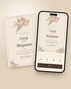 Heirloom vintage wedding invitation shown on a phone with countdown and RSVP button
